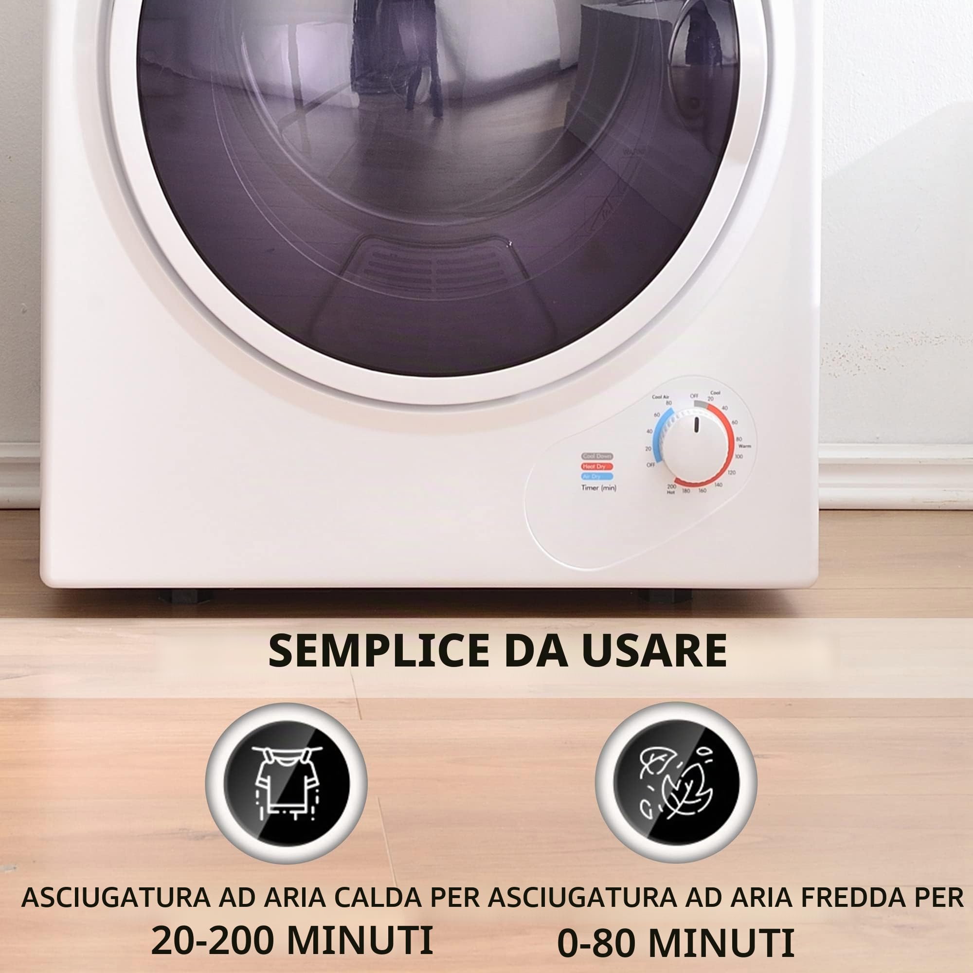 Merax Piccola asciugatrice con protezione da surriscaldamento, montaggio a parete con doppio filtro e timer, 2,5 kg, 850 W, bianco