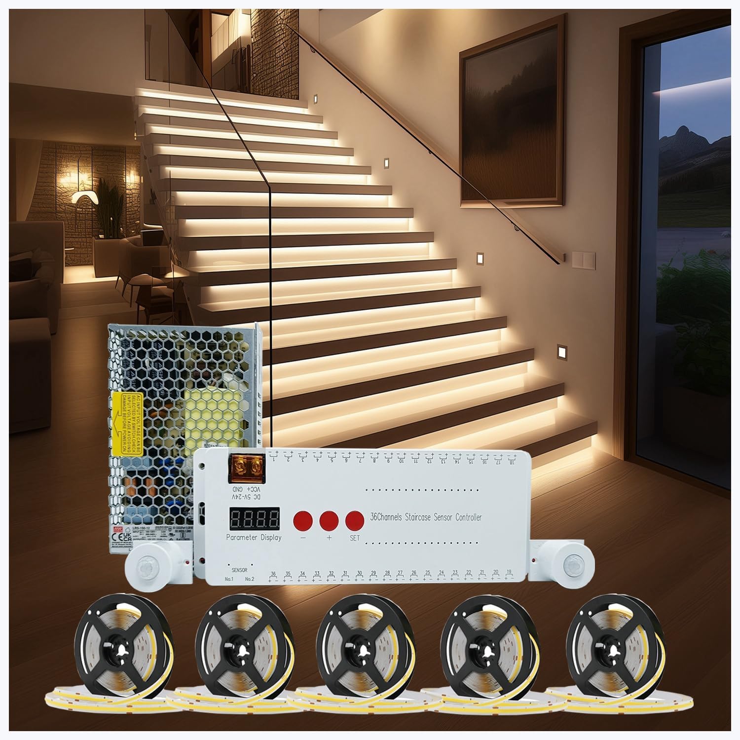 Stair Lights Motion Sensor Indoor, Smart Interior Led Step Lights 16 Stairs 40 Inch Length Cuttable Led Light Strip for Stair Case (3000K Warm White Stairway Lighting Kit)