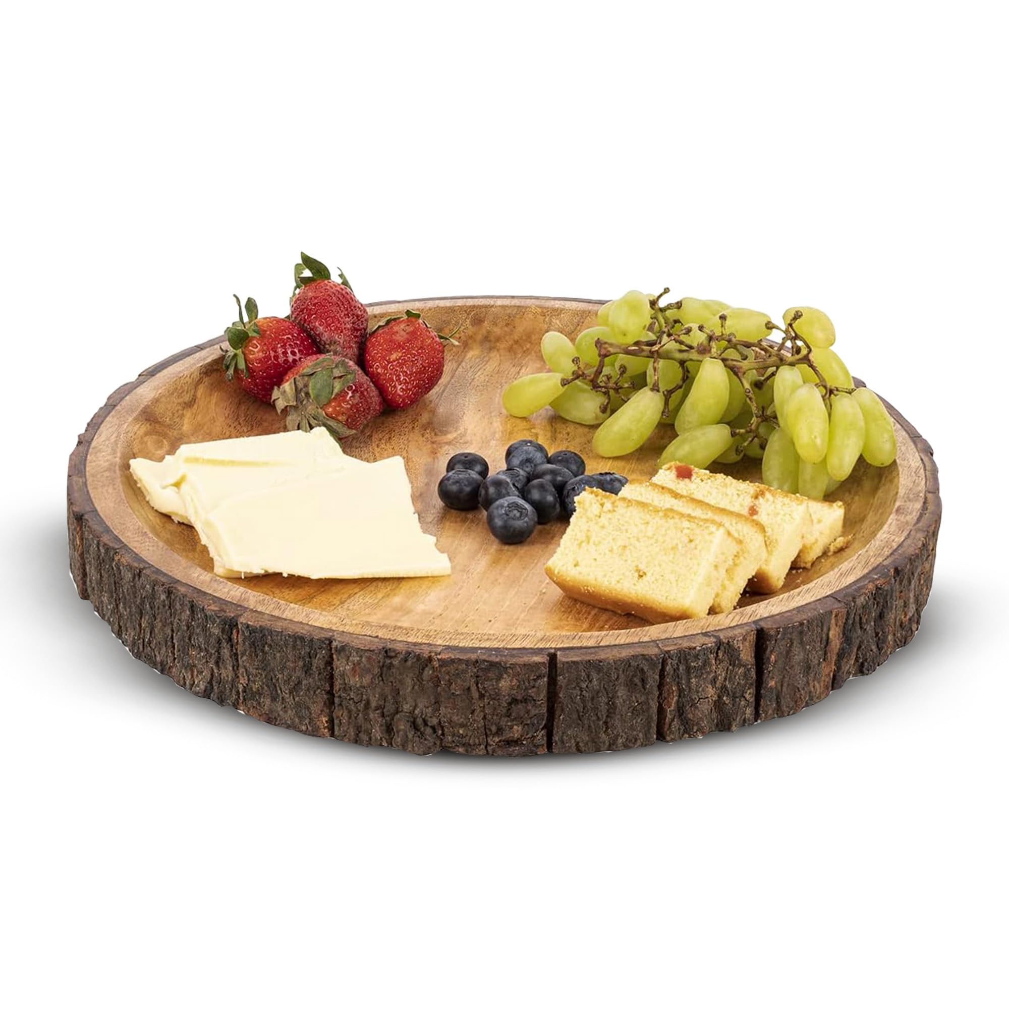 GoCraft Runde Servierplatte aus Holz mit Baumrinde an den Kanten, Mangoholz-Pizzateller, Servierbrett, Charcuterieplatte, 33 cm