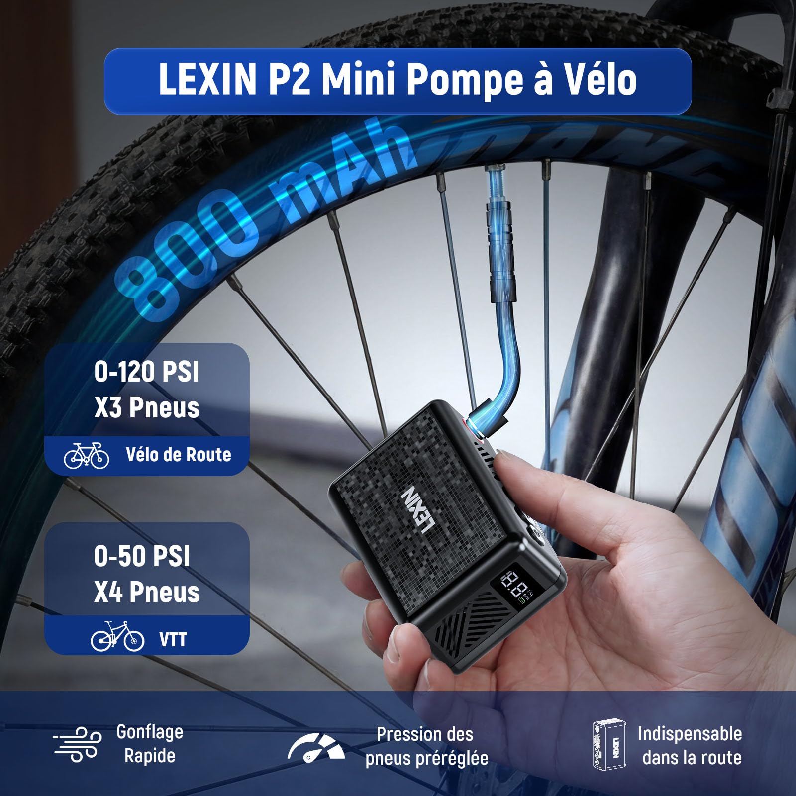LEXIN P2 Mini Pompe à Vélo, Compresseur d'air Portatif 130PSI, Gonfleur Électrique de Pneus sans Fil avec l'Écran LCD, Portable, Légère， Puissance 700mAh, Pompe de Pneu pour Vélo/Moto/Balle/Scooter