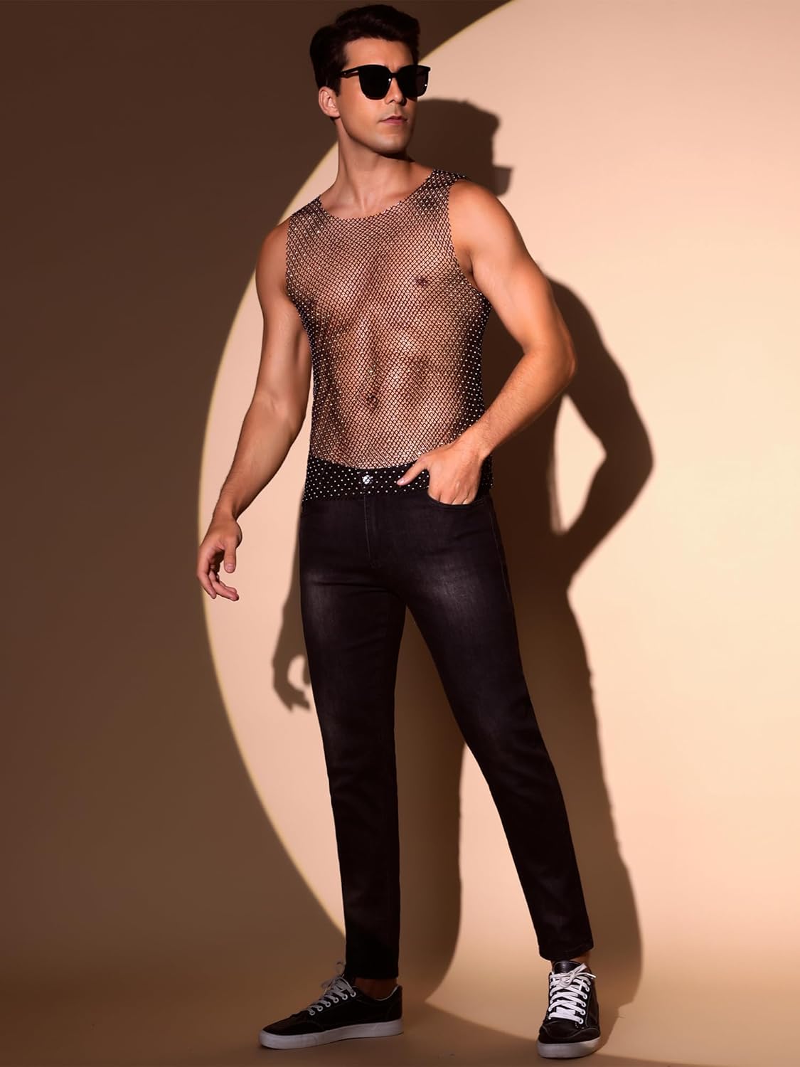 Lars Amadeus Rhinestones Sparkly Tank Top for Men's Shiny Mesh Sleeveless Tee Shirt Rave Sheer Metallic Vest - Image 4