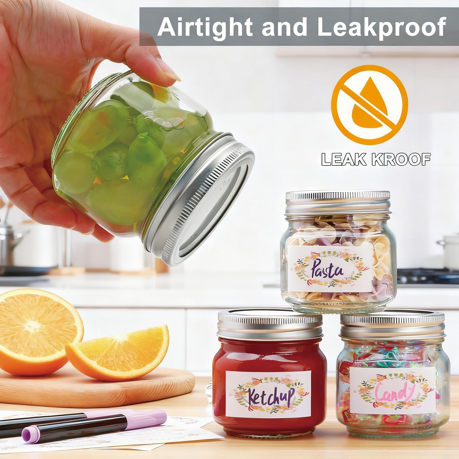 Flrolove Einmachgläser, 237 ml, 30 Stück, Geleegläser mit Deckel, halbes Pint Einmachgläser mit silberfarbenem Deckel, für Gurken, Gelee, Marmelade, Honig und Gewürze, inklusive 60 Etiketten und 2 | Jelly Jars with Lids, Half Pint Canning Jars Wide Mouth