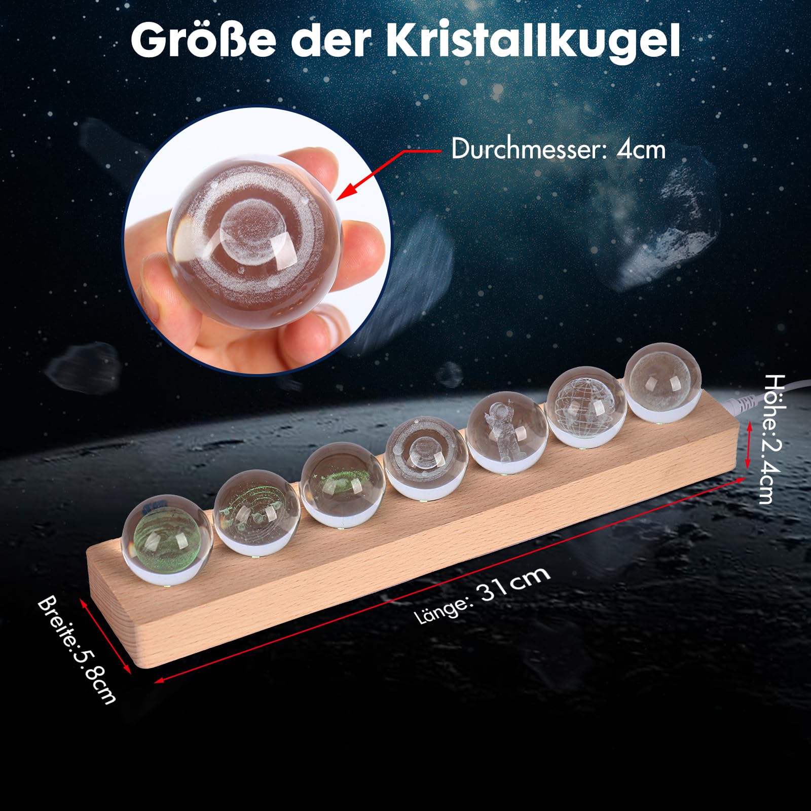 OXYEFEI Lámpara de planeta 3D, 7 patrones diferentes de bola de cristal, luz nocturna para decoración de habitaciones, bola de cristal de 40 mm con base de madera, regalo astronómico para madre, niños
