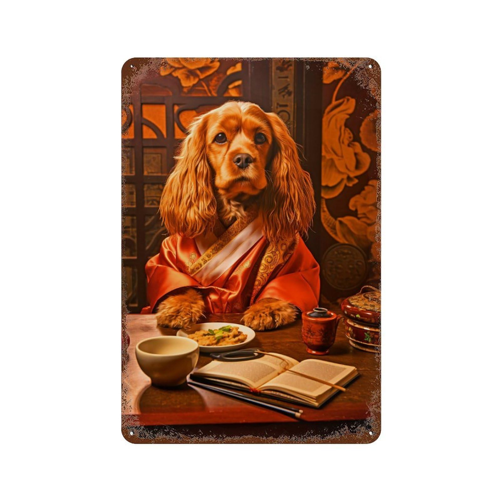 Dog in Traditional Chinese Attire Vintage Metal Tin Sign 11.8"x7.9", Ideal for Living Room, Hallway And Home Decor