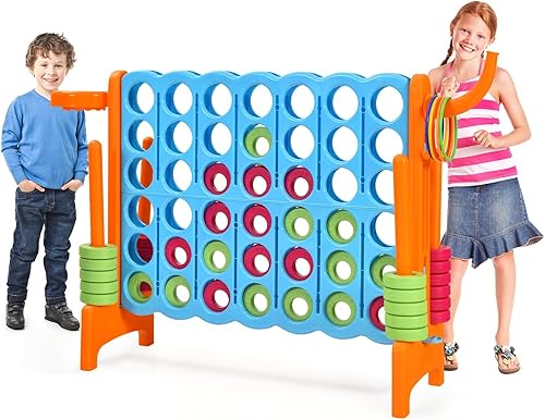 OLAKIDS - Juego gigante de 4 en una fila, 4 en una fila Jumbo con anillos de aro de baloncesto, 42 piezas de ajedrez, 3 en 1, juegos para interiores