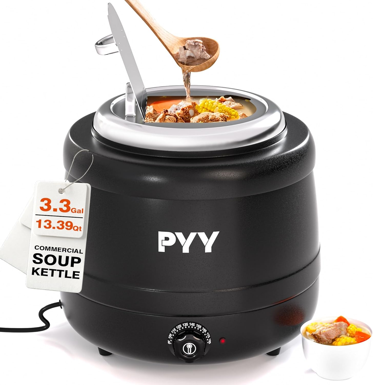 PYY Soup Kettle - Commercial Grade Soup Warmers with Hinged Lid 13.39Qt/3.34GAL Countertop Electric Soup Pot W/Detachable Stainless Steel Insert Pot for Parties Restaurant Buffet Big Family, Black