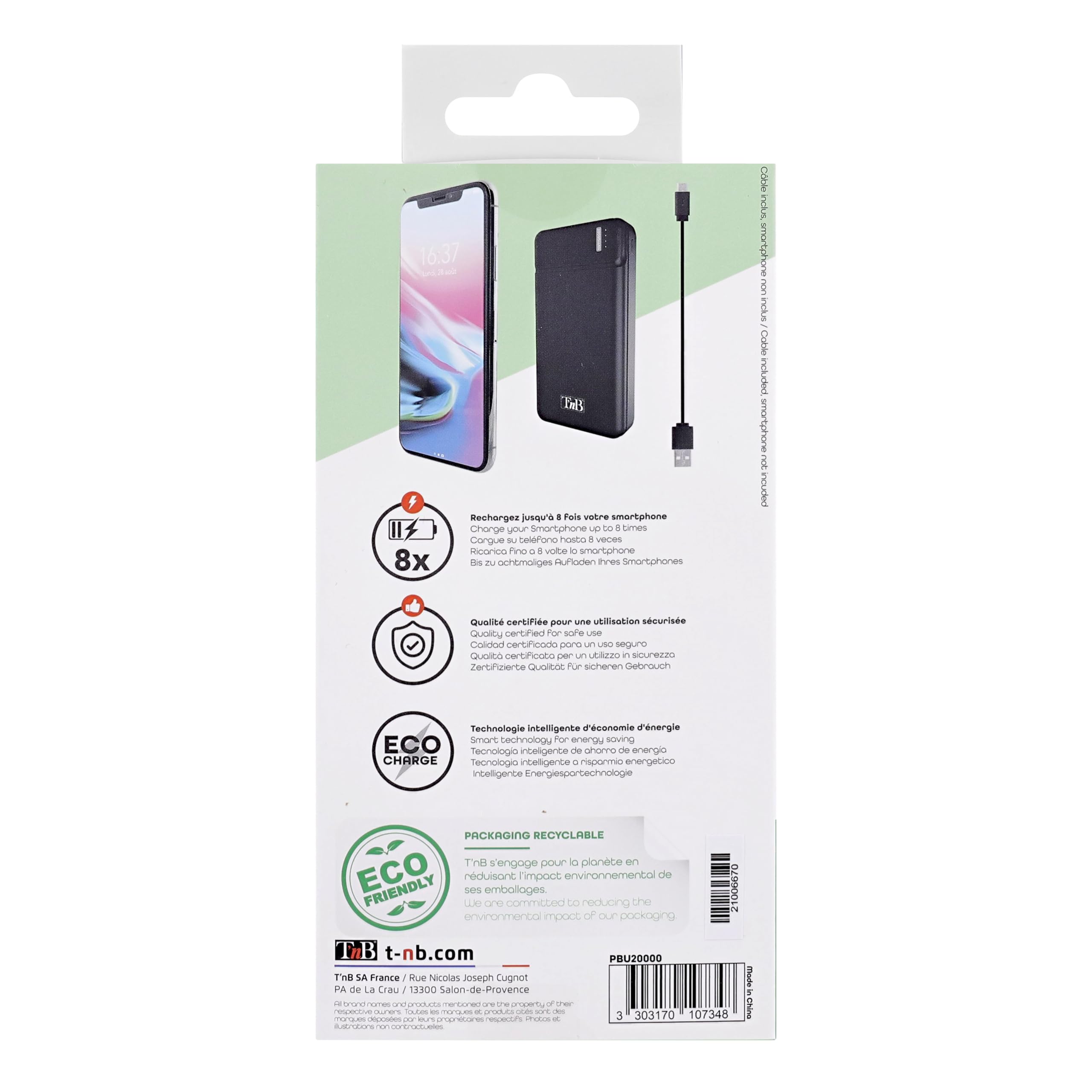 T'nB - Bateria zapasowa 2 USB 20 000 mAh 10W - Czarny