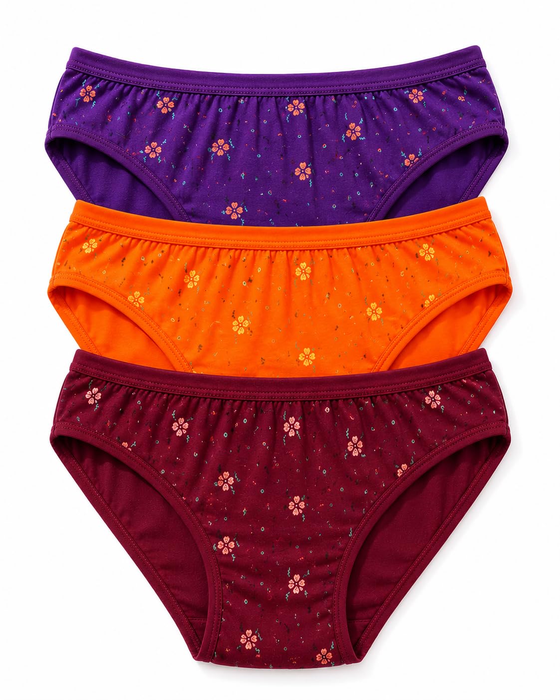 Floral Print Bikini Panty, Purple, Orange and Maroon, Pack of 3-image-6