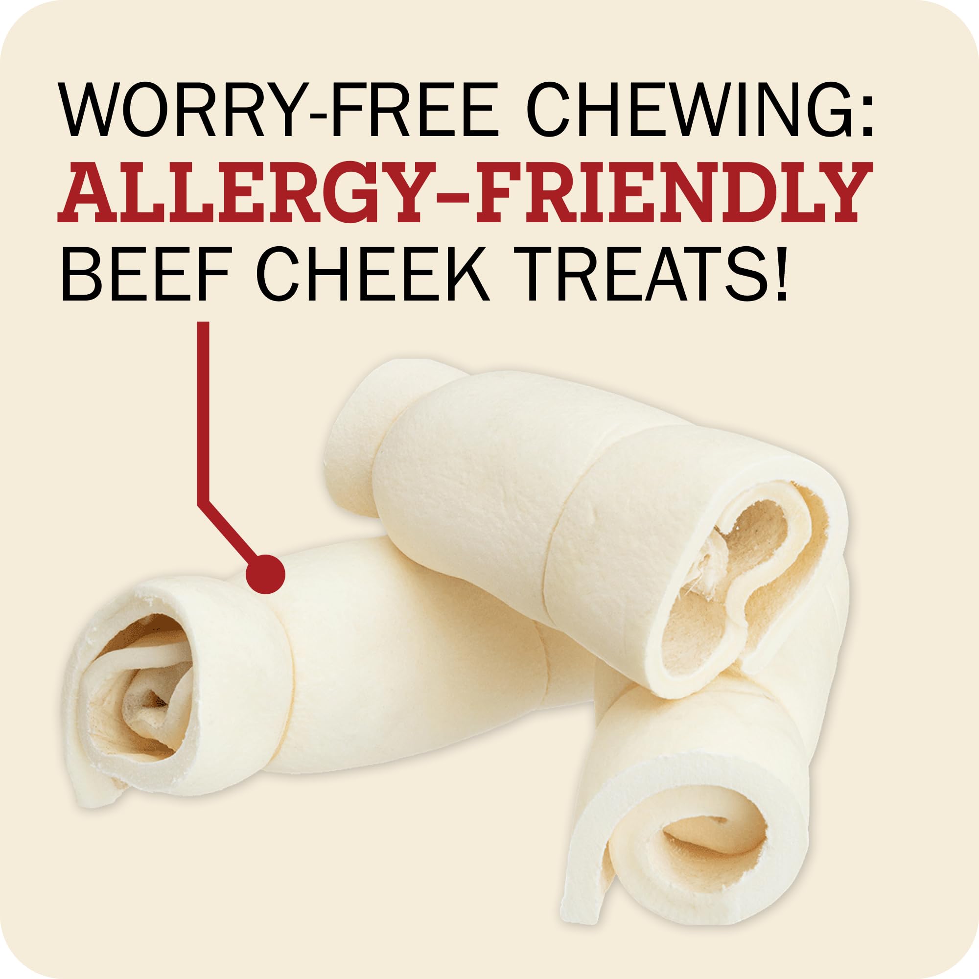 Redbarn Pet Products All-Natural Large Beef Cheek Rolls for Dogs, Uncoated - Single Ingredient Grain-Free Chew Treat Naturally Rich in Collagen - No Artificial Preservatives - Pack of 4