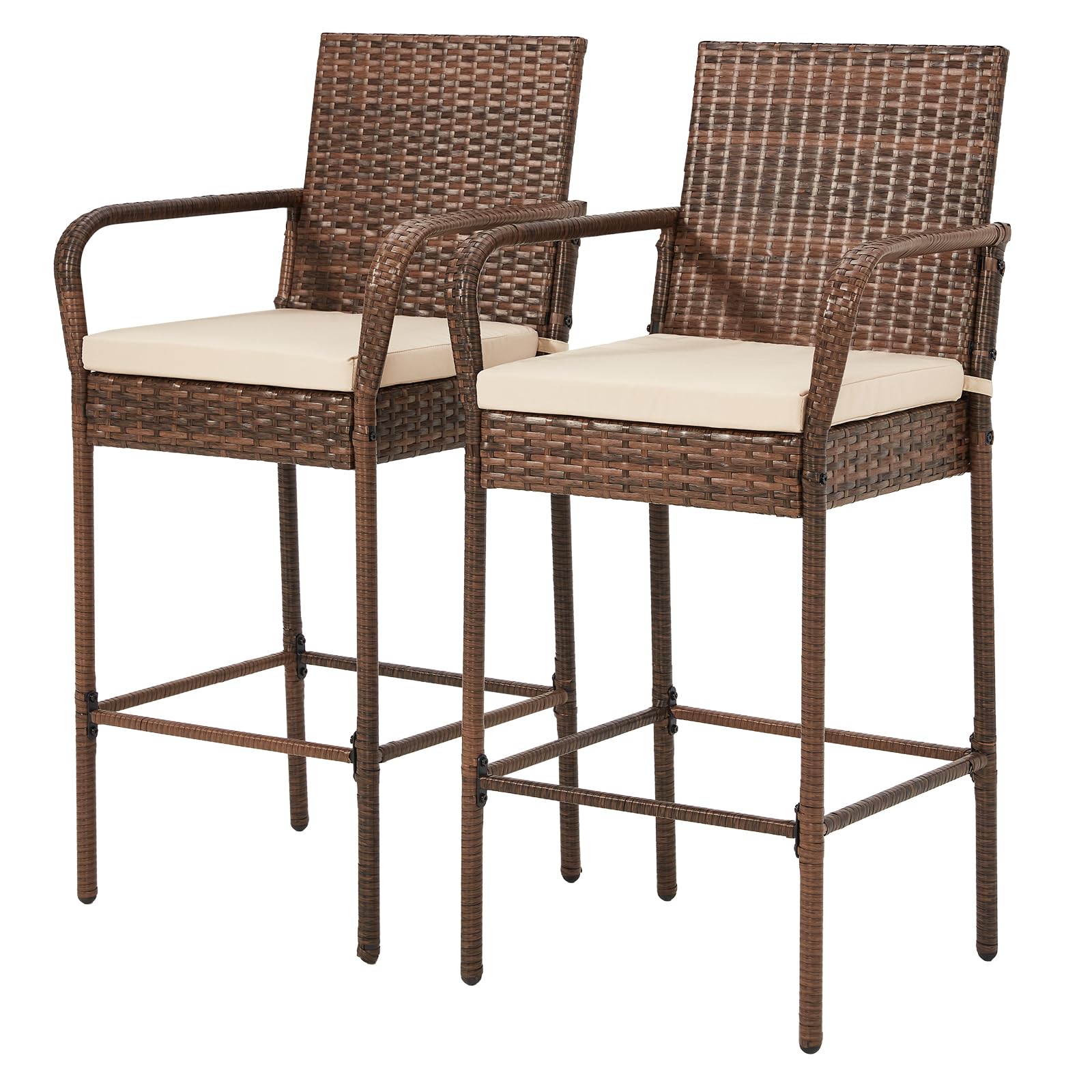 ECOTOUGE Patio Wicker Barstools Set of 2, Outdoor Rattan Bar Height Chairs with Armrest & Backrest, Soft Cushion, Footrests, All-Weather Furniture for