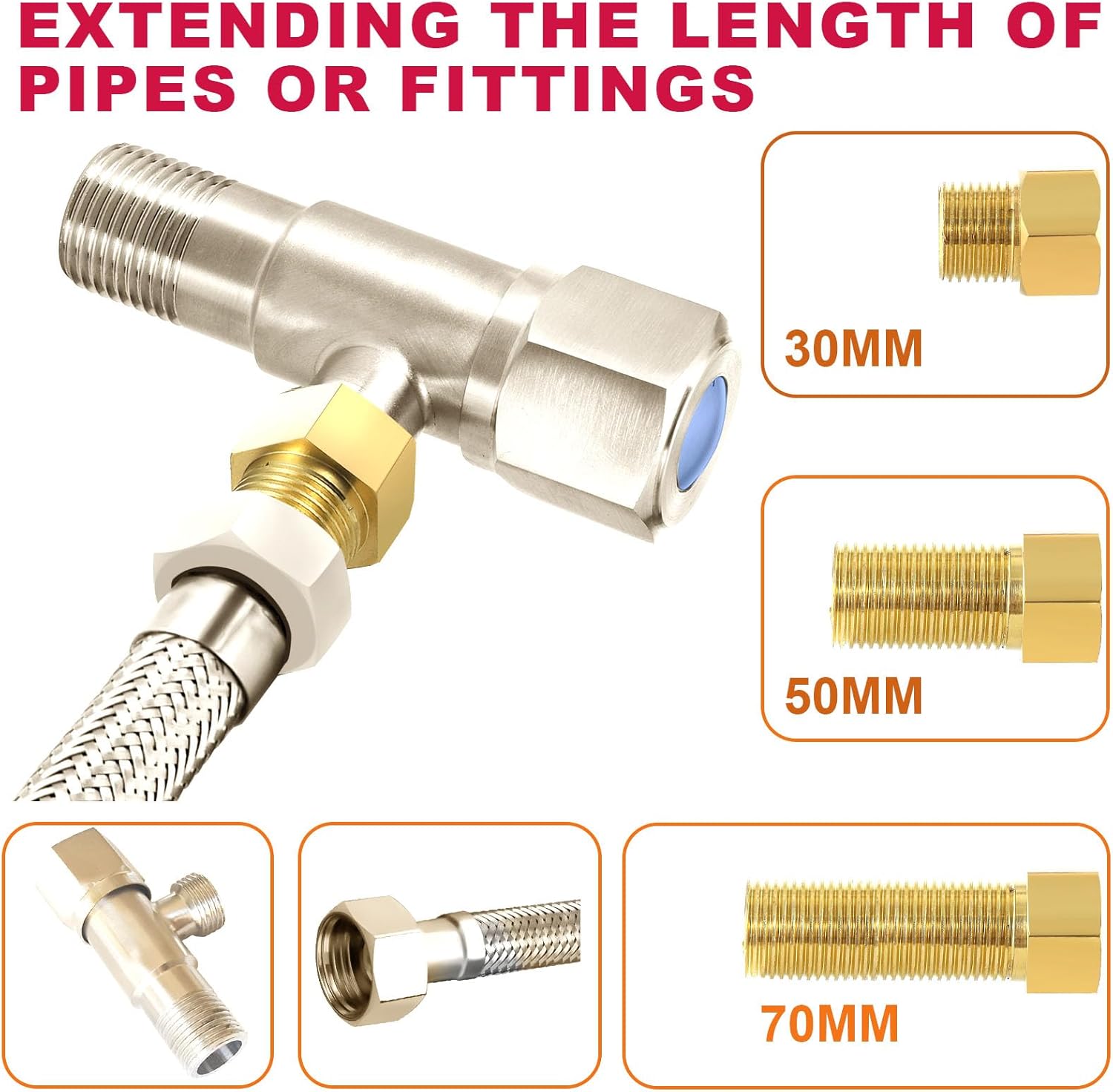 Extension Brass Fittings 1/2"NPT Male Threaded Pipe Hex Bushing Adapter Converter Adapter, Female to 1/2" Copper Pipe Extension Connector Fittings Female Length 70 mm (3pc)