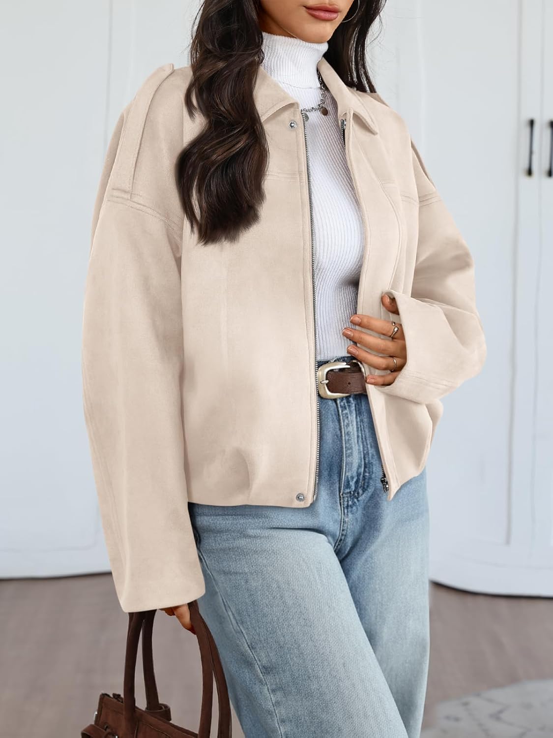 Trendy Queen Womens Faux Suede Bomber Jacket Fall Oversized Zip Up Cropped Jackets Winter Motorcycle Coat 2026 - Image 3