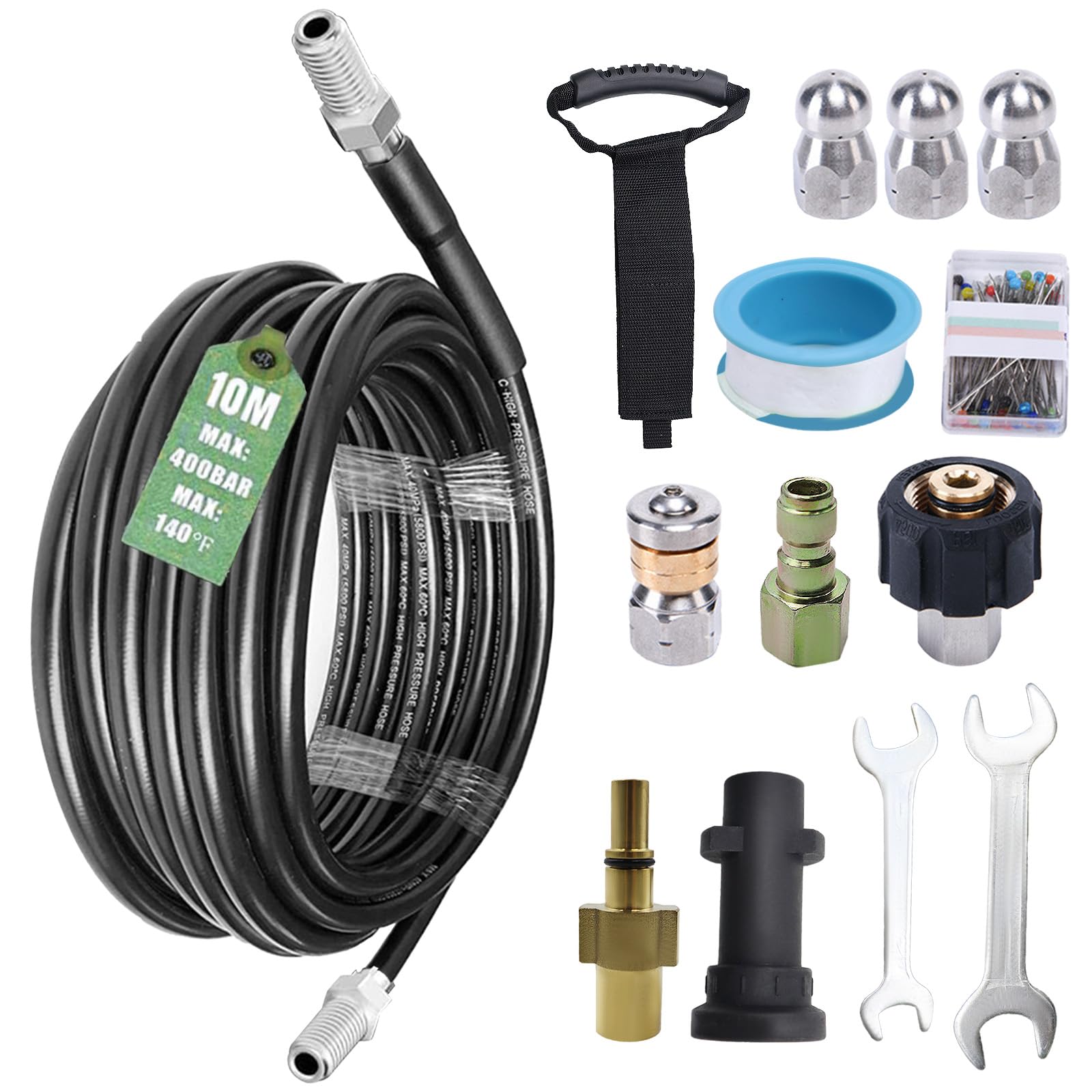 10M Tuyau Deboucheur Canalisation Nettoyage Haute Pression pour Kärcher K2-K7 HD HDS, Lavor, Bosch, Parkside,400Bar Kit Furet Professional avec Buses Rotatives/Rigides et Adaptateurs Cuivre