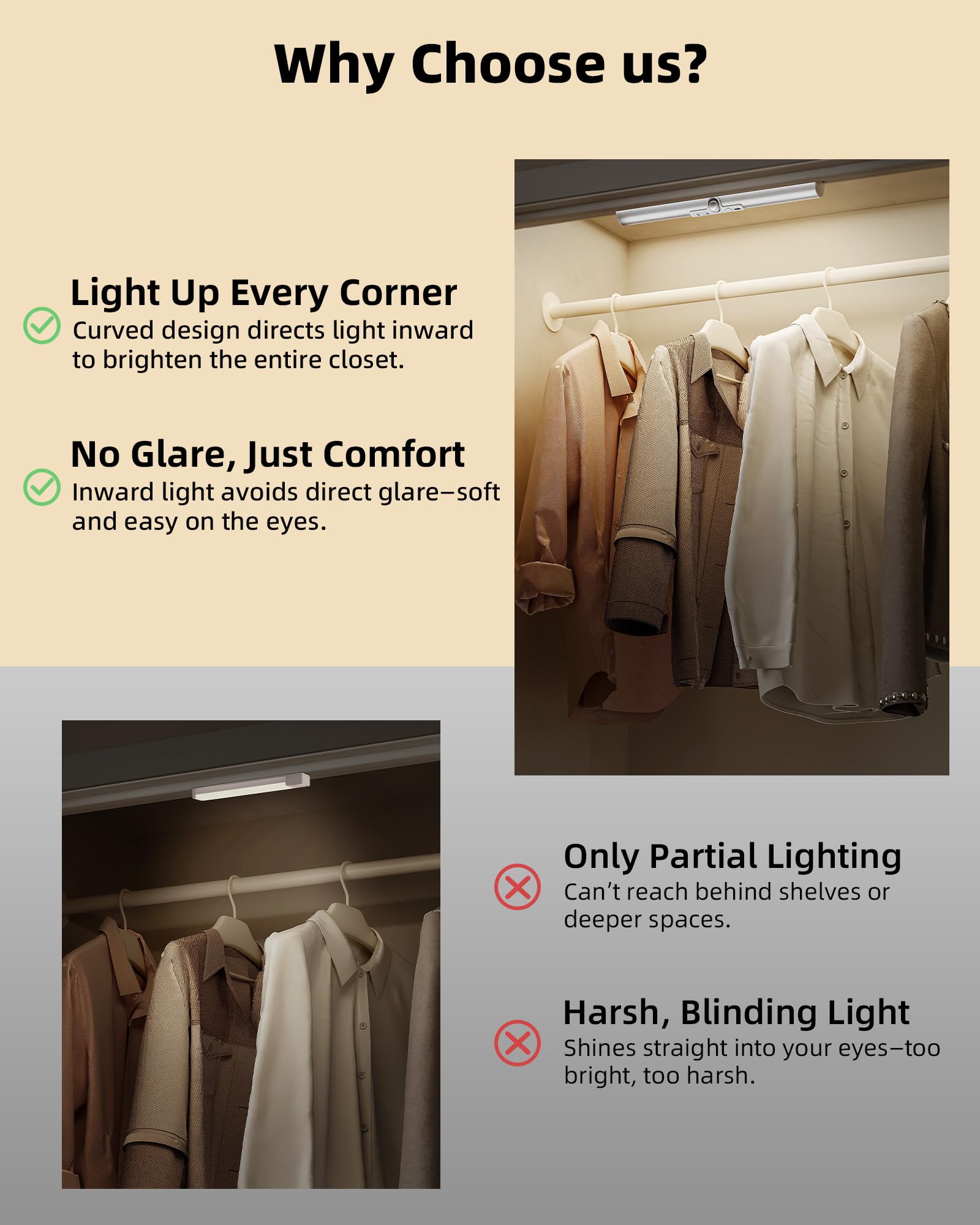 EZVALO 33cm Kleiderschrank Beleuchtung Kabellos mit Bewegungssensor, 1800mAh Wiederaufladbar Led Schrankbeleuchtung, 3 Lichtfarben & Dimmbare für Badezimmer, Spiegel, Garderobe, 1 pack