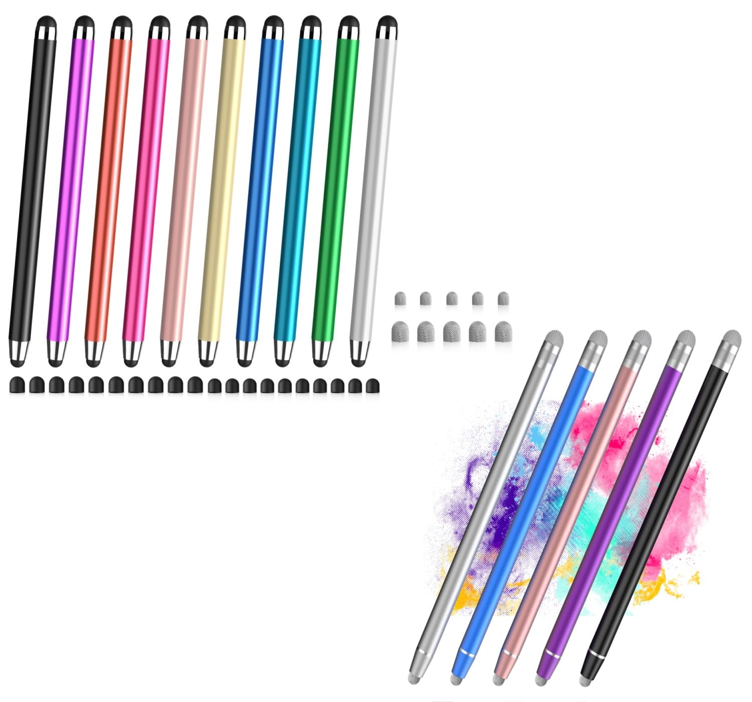15 Pack 2 in 1 Universal Stylus Pen for Touchscreens,10pcs Rubber & 5pcs Fiber Stylus