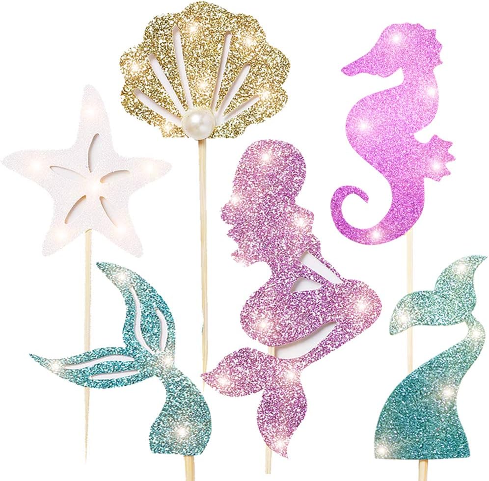 48pcs mermaid Party Decoration Supplies-Adorable Glitter Mermaid Theme Cupcake Topper,Perfect For Birthday Party,Baby Shower,Mermaid Theme Party(mermaid tail,starfish,mermaid,shell)