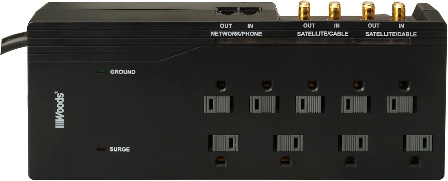 Woods 41653 9-Outlet 3500-Joule Surge Protector with 6-Foot Cord and Phone/Coax Protection, Black