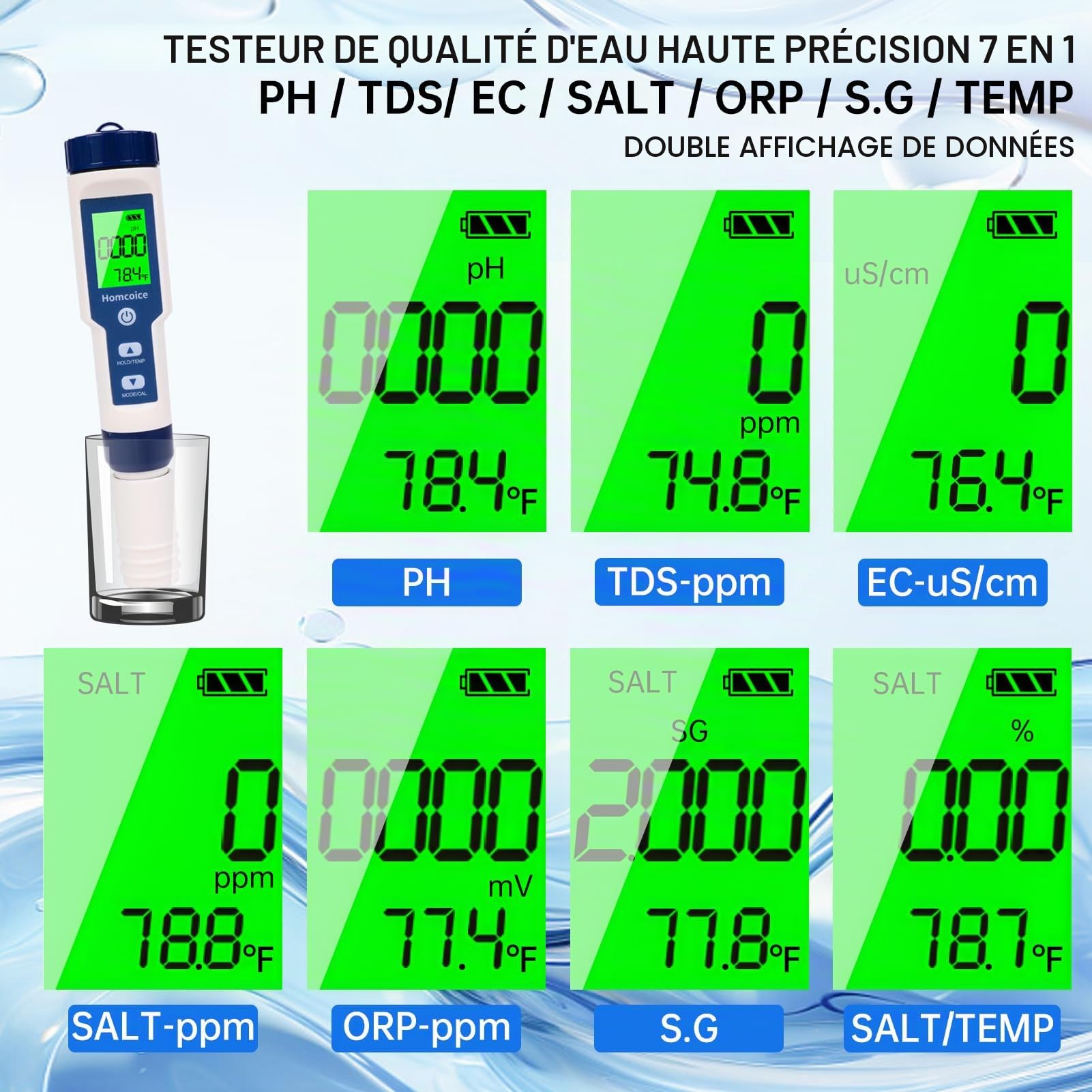 PH Mètre électronique 7 en 1 avec TDS EC Salinité S.G ORP Température, professionnel pH Mètre Piscine IP67 imperméable, 0.01 haute précision Testeur Analyse Eau de Spa avec fonction ATC