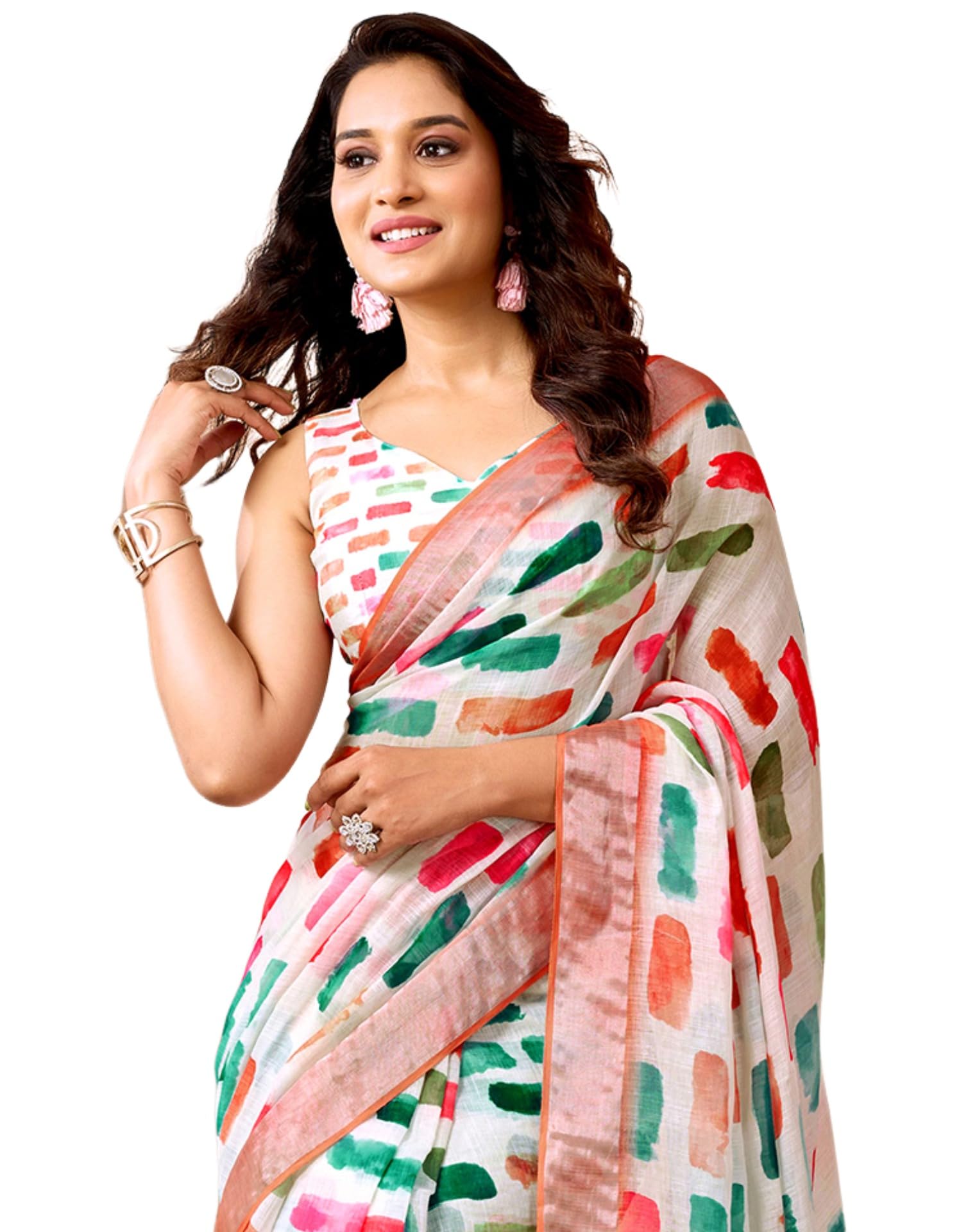 siril Women's Cotton Linen Printed Ready To Wear With Pocket Saree with Unstitched Blouse Piece-picture-16