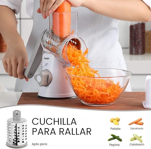 Vista 4 de Rallador de queso giratorio Geedel, rallador de mandolina de cocina para vegetales con 3 cuchillas intercambiables, rallador giratorio fácil