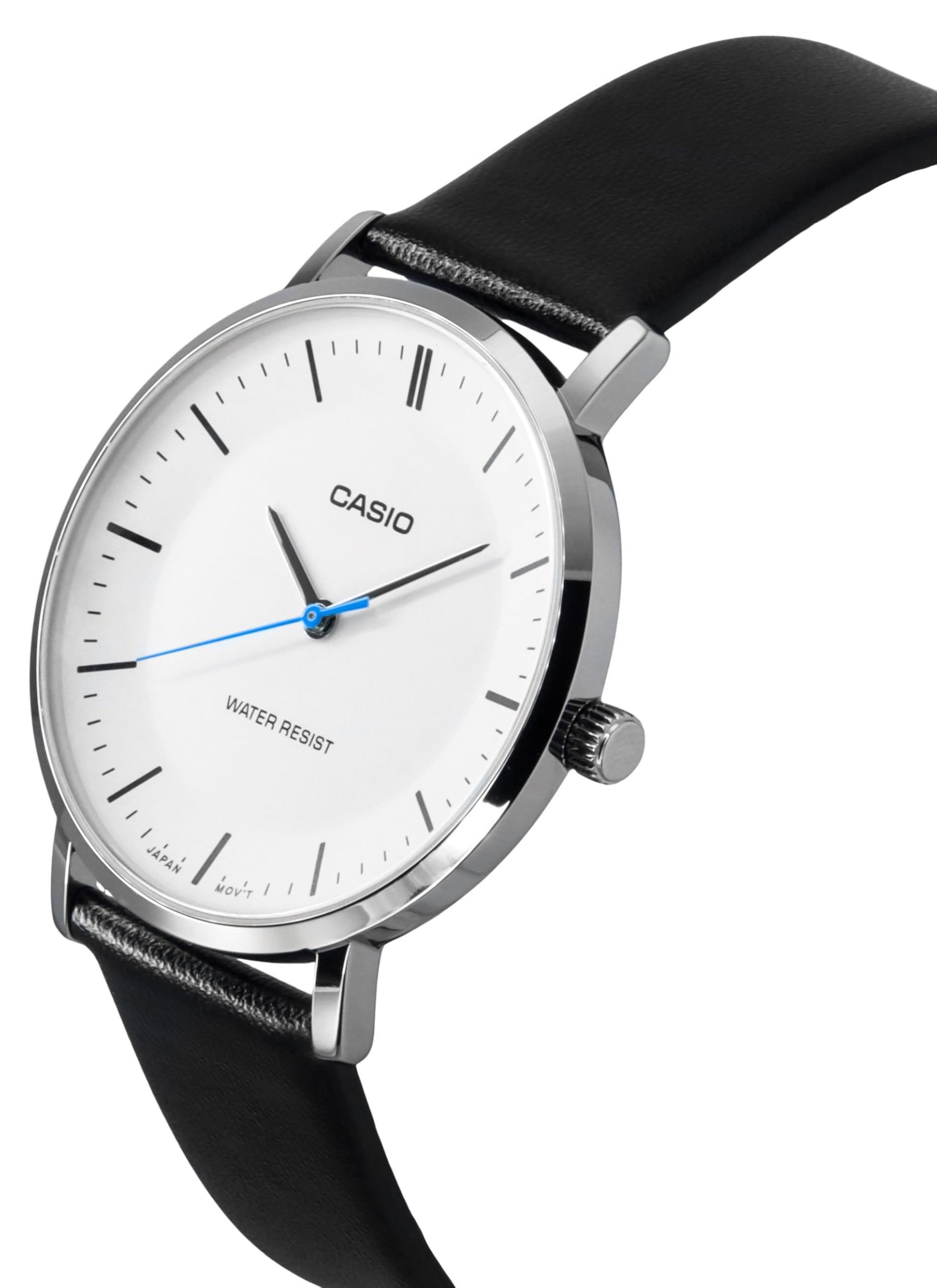 Casio MTP-VT04L-7E Orologio analogico da uomo minimalista con cinturino in pelle nera quadrante bianco a forma concava a 3 lancette, bianco