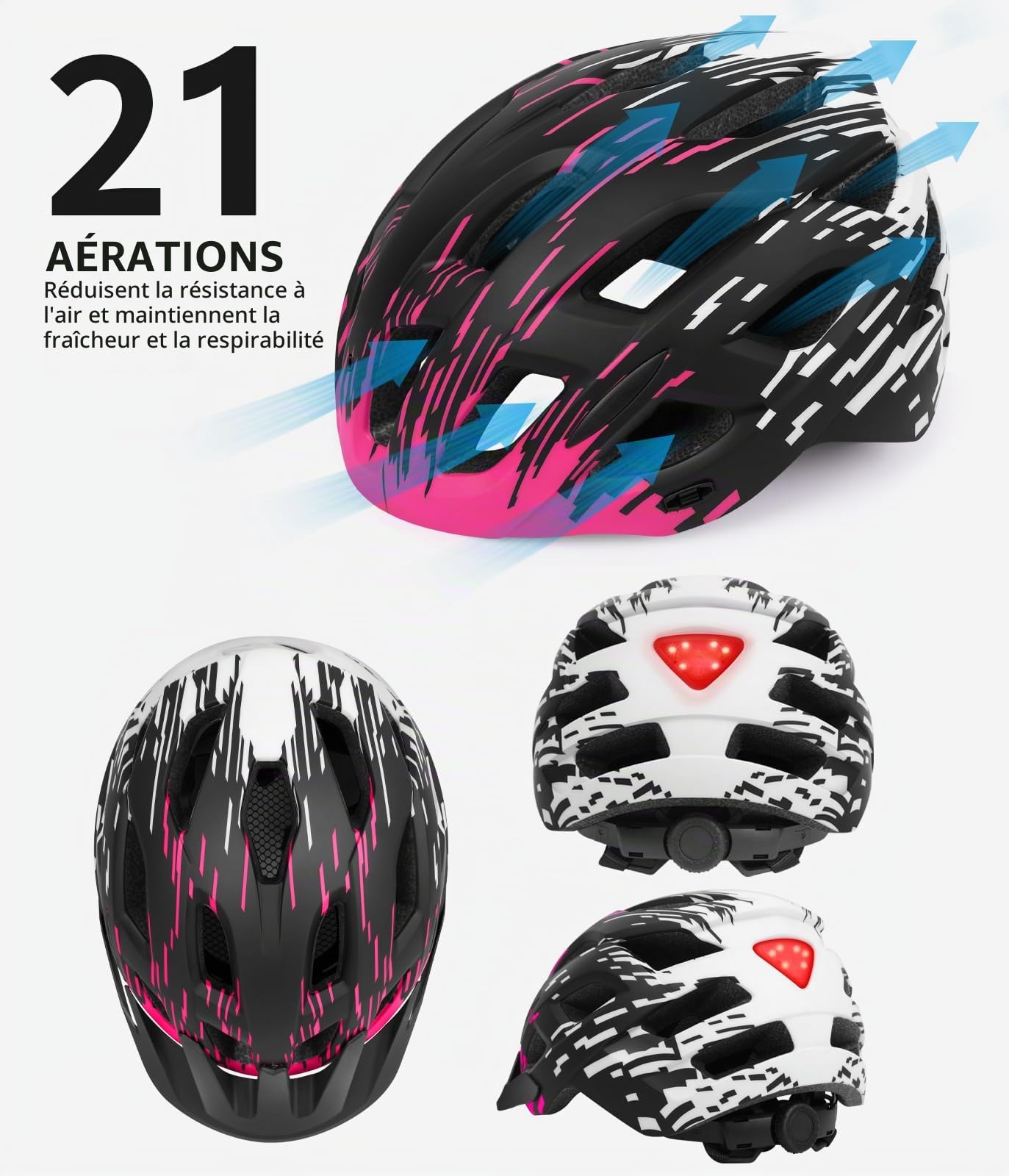 Casque de vélo léger avec feu arrière et visière amovible, 21 aérations, taille réglable 57-61 cm pour adultes