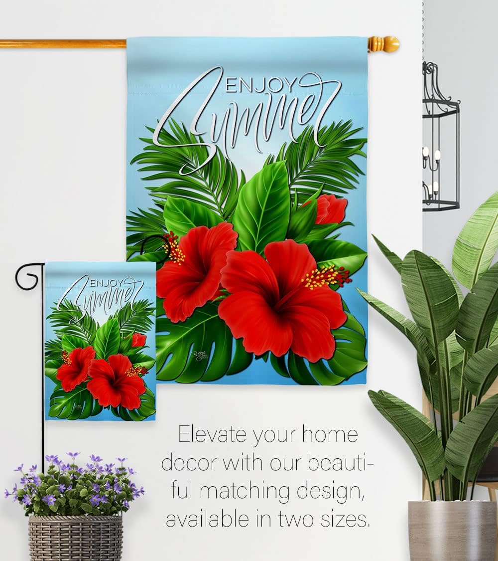 Breeze Decor Enjoy Hibiscus Garden House Flag Set Coastal Tropical Ocean Beach Seashells Pineapple Outdoor Summer Aloha Decoration Banner Small Yard Gift Double-Sided, Made in USA
