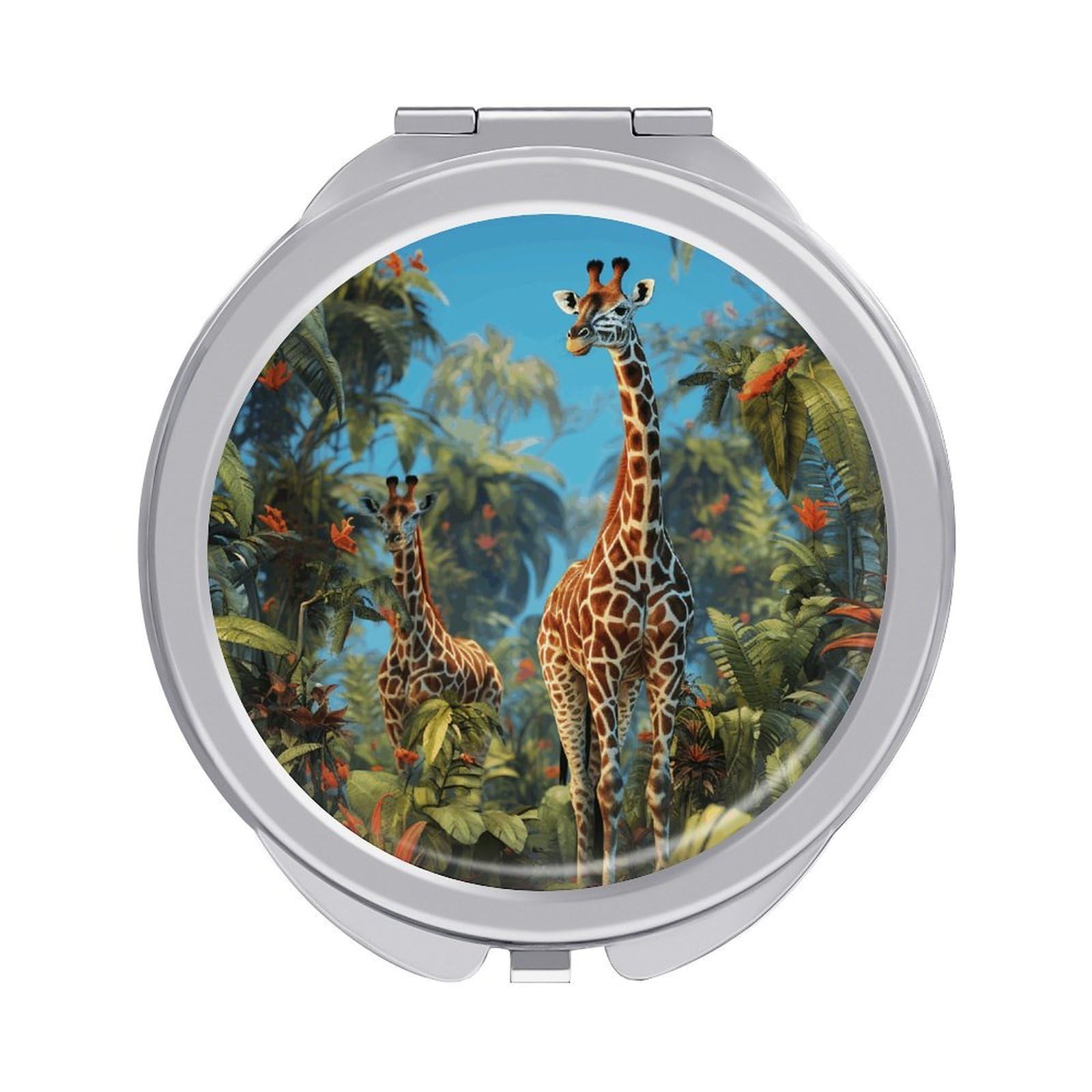 Fekiloot Style Jungle Giraffe Travel Makeup Mirror Handheld Compact Mirror Portable Pocket Mirror Double-Sided 1X/2X Magnifying For Handbag And Purses