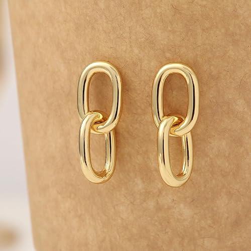 Miniatura 5 de Aretes de oro para mujer, chapados en oro de 14 quilates, hipoalergénicos, a la moda, delicados, minimalistas, aretes de eslabones con clip