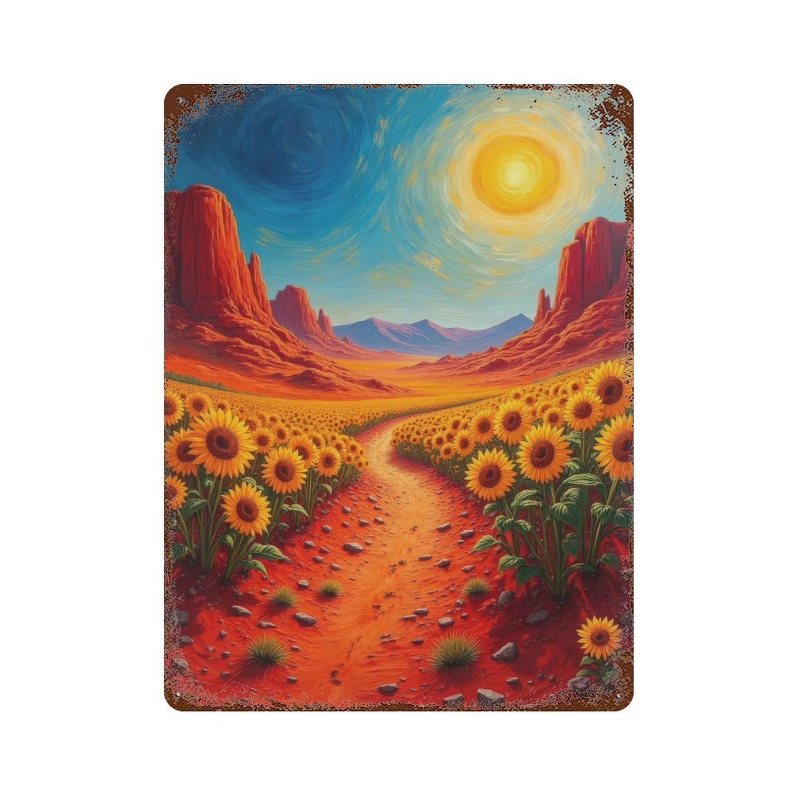 Sunflowers in Desert Landscape Vintage Wall Sign 15.7"x11.8", Rust Effect Metal Decor for Basement, Hobby Room And Garage Decor