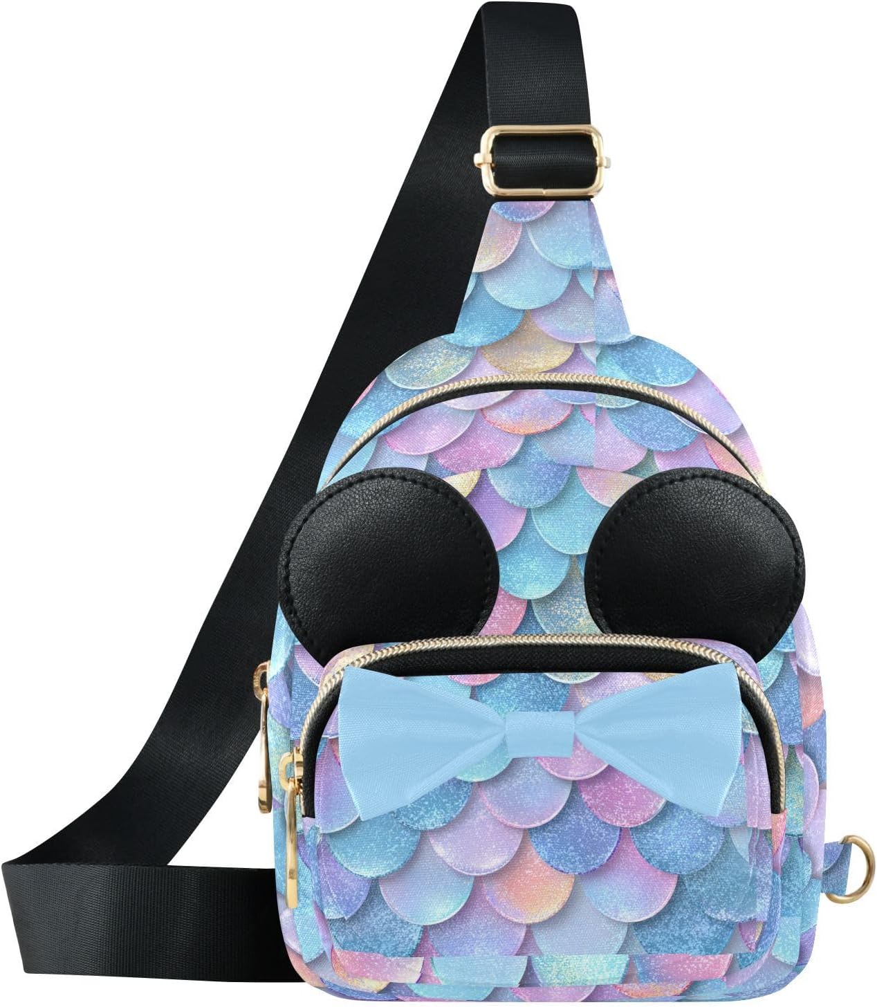 Mermaid Kids Sling Bag for Girls, 3.1x7.5x5.7In | Crossbody Fanny Pack, Toddler Purse, Cute Sling Belt Bag with Ears, 2L Small Shoulder Chest Bag for Travel