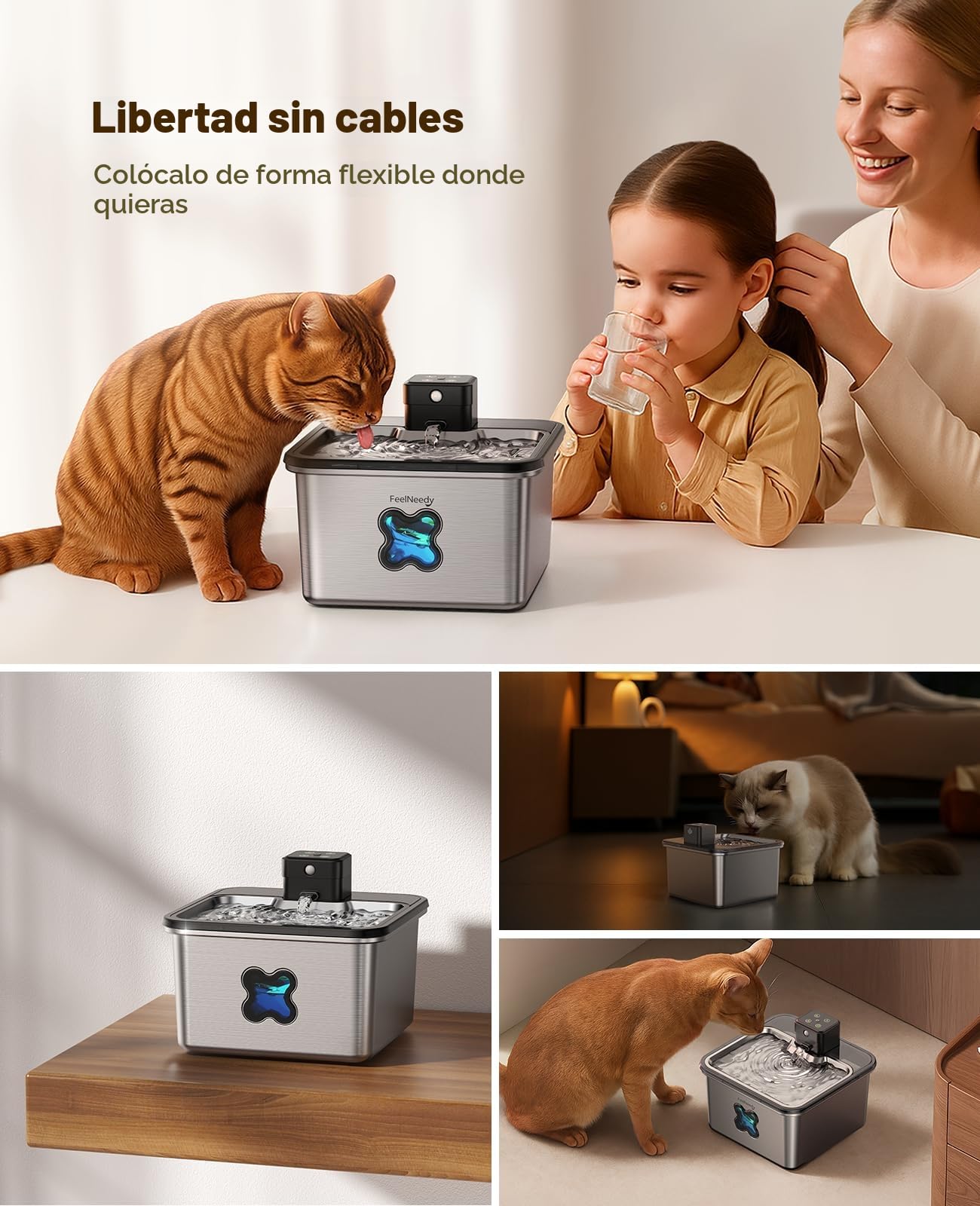 FEELNEEDY Fuente para Gatos sin Cable, 3.2L Bebedero Gatos en Acero Inoxidable con Sensor de Movimiento, Visualización del Filtro, Apta para Lavavajillas, 4000mAh Batería Recargable