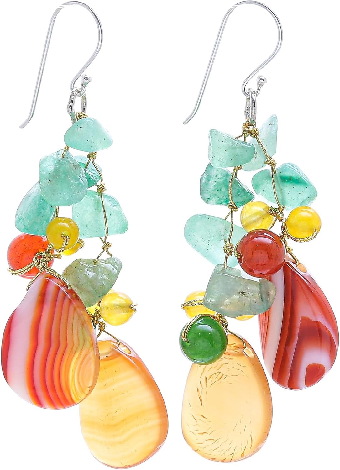 NOVICA Artisan Handmade Multigemstone Dangle Earrings Sterling Silver Hooks Quartz Aventurine Chalcedony Beaded Cluster Thailand Birthstone [2.4 in L x 0.9 in W] ' Candy Mood'