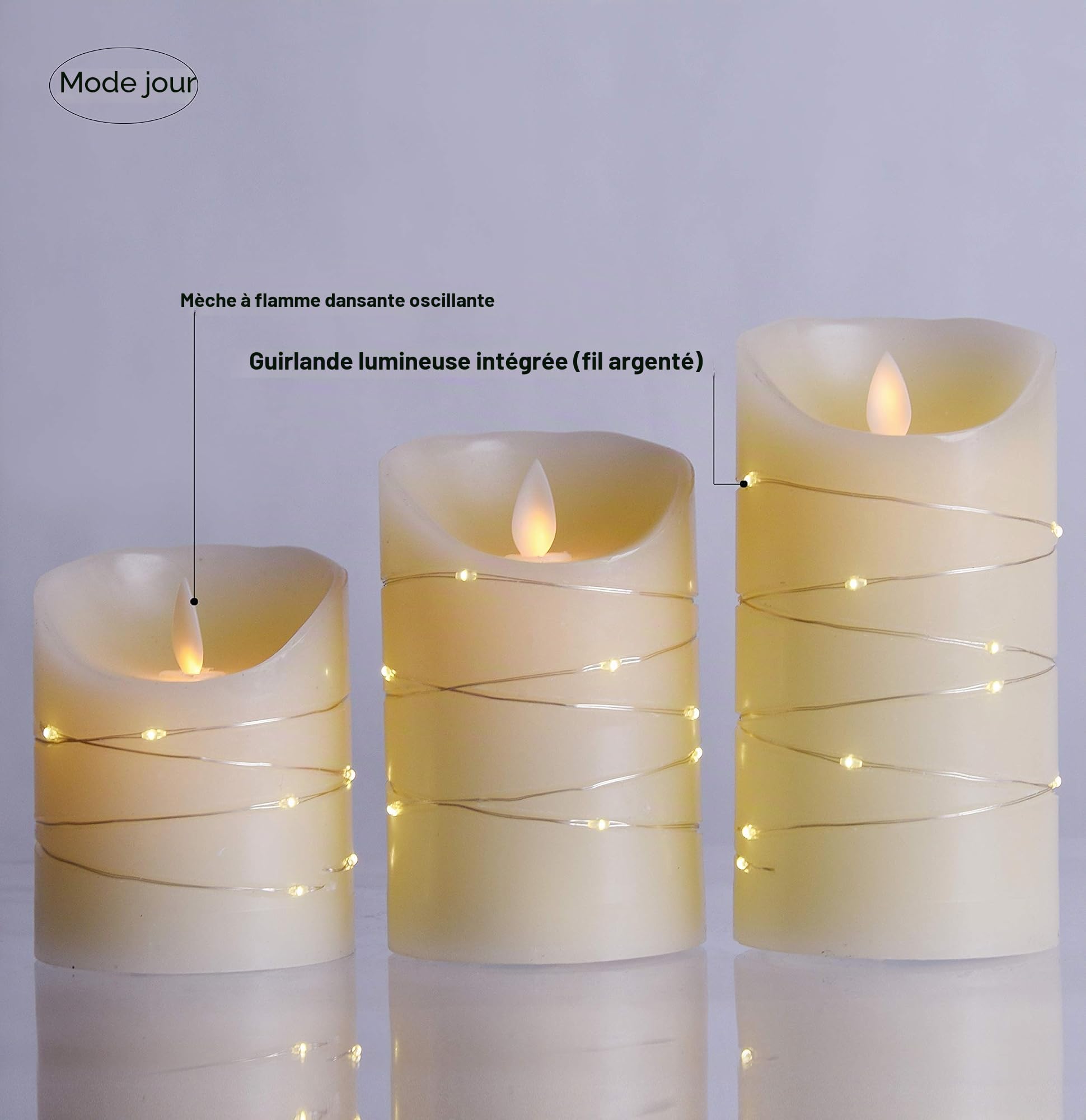 3 bougies LED avec guirlandes lumineuses avec télécommande ont une fonction de minuterie de 24 heures, saut de flamme, vraie cire et alimentation par batterie.
