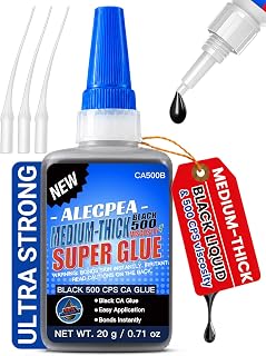 ALECPEA 20g Black CA Glue, Medium 500CPS Cyanoacrylate Super Glue | Medium-viscosity cyanoacrylate fills 0.008-inch gaps; bonds wood, metal, leather, ceramic, plastic, rubber; sets in 40-60s