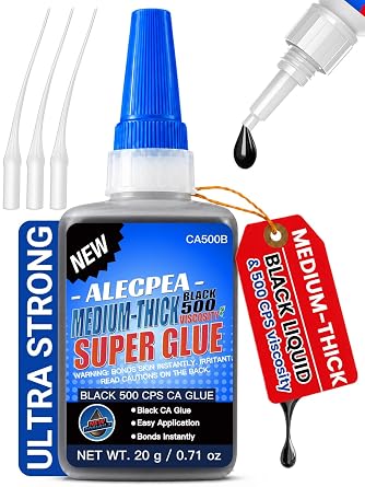 ALECPEA 20g Black CA Glue, Medium 500CPS Cyanoacrylate Super Glue | Medium-viscosity cyanoacrylate fills 0.008-inch gaps; bonds wood, metal, leather, ceramic, plastic, rubber; sets in 40-60s