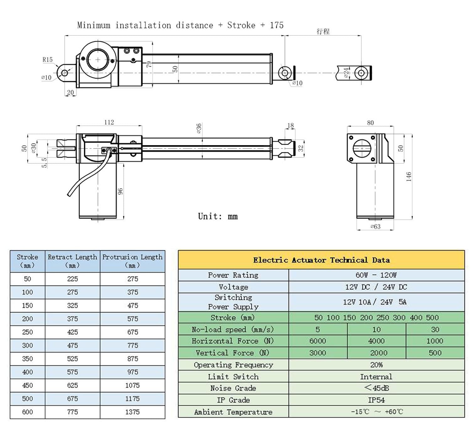 Actuador Lineal DC 12V 24V 50mm 100mm 150mm 200mm 250mm 300mm 350mm 400mm 500mm 600mm Fuerza Máxima 6000N, Carrera Motor Linear Actuator Eléctrico ( Color : 30mm/s-1500N(150KG) , Tamaño : 24V-600mm )