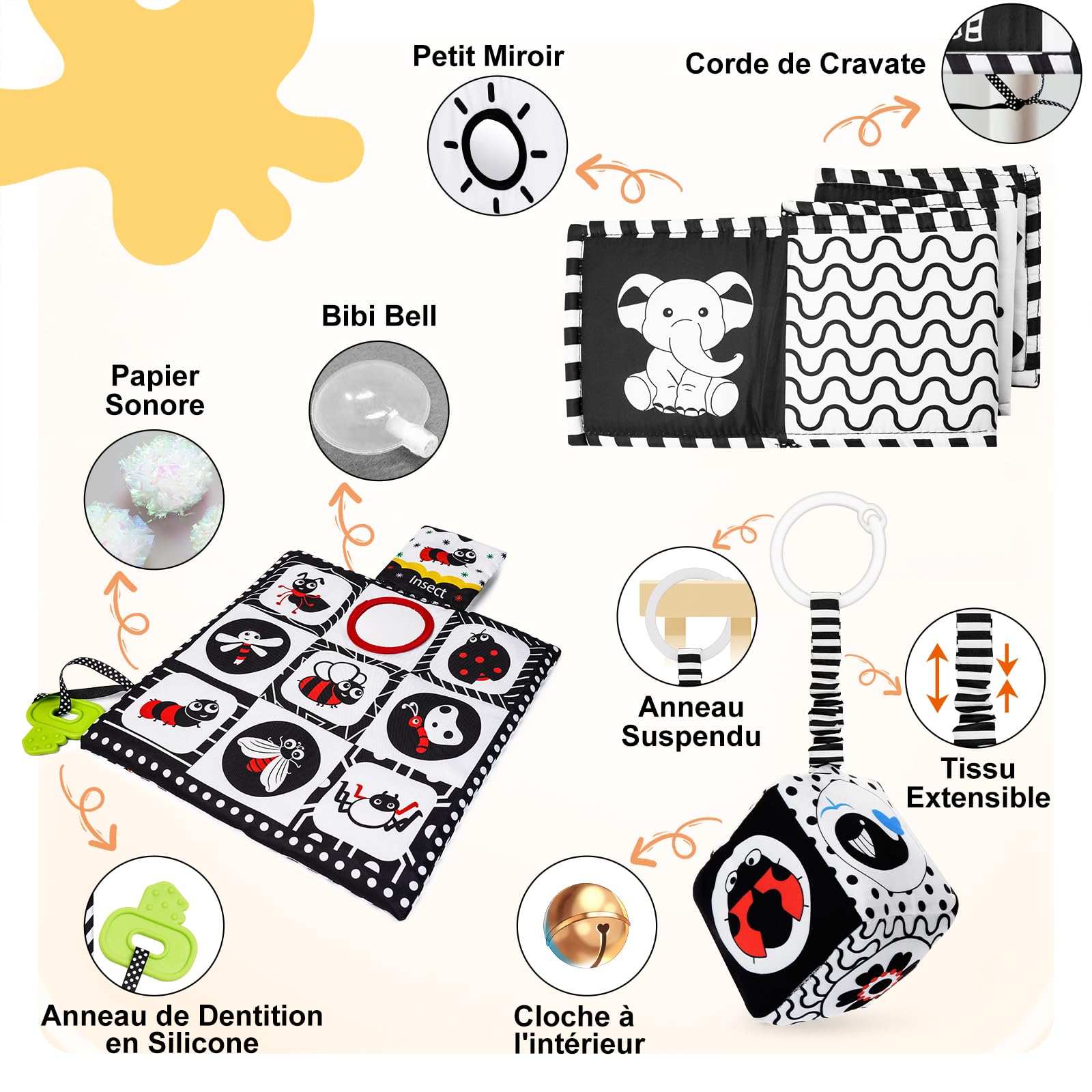 HappyKidsClub Jouet Livre Tissu Montessori Bébé Eveil 0-12 Mois Carte Noir et Blanc Bébé Cadeau Naissance Fille Garcon Jouet Sensoriel Hochet Bebe