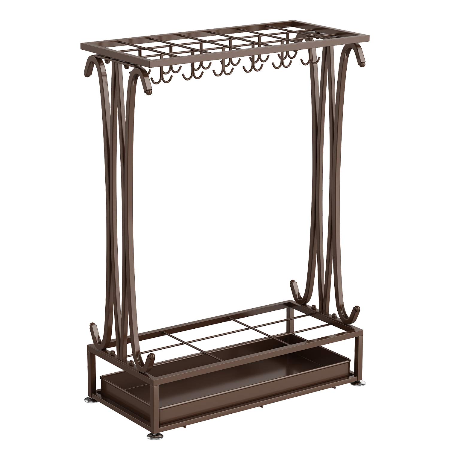 U-22 Extra Large Metal Bronze 21 Agujeros Estilo Rectángulo Paragüero Soporte de Bastón con 24 Ganchos y un Fondo Libre de Agua de Lluvia Bandeja de Fuga 70 * 50 * 24 CM