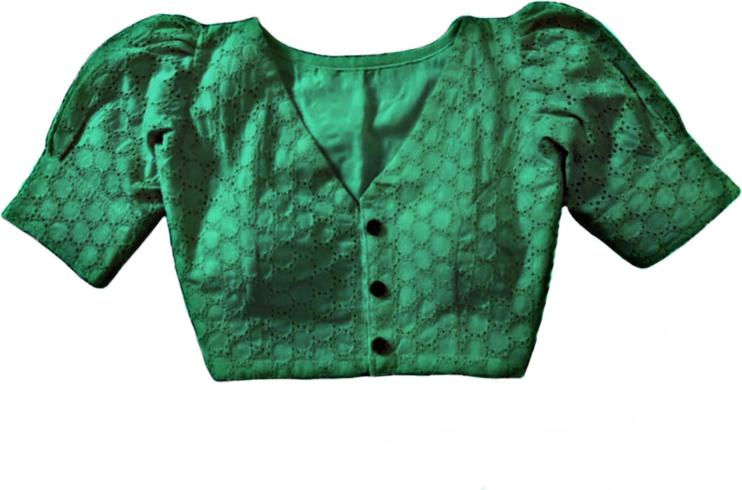 Madhuram FashionWomen's Casual Pure Cotton Readymade Designer Saree Blouse, Hakoba Style, Puffed Sleeve & V-Neck, Padded and Stitched with Front Buttons Open Pattern, (Sizes: XS/S/M/L/XL/XXL)