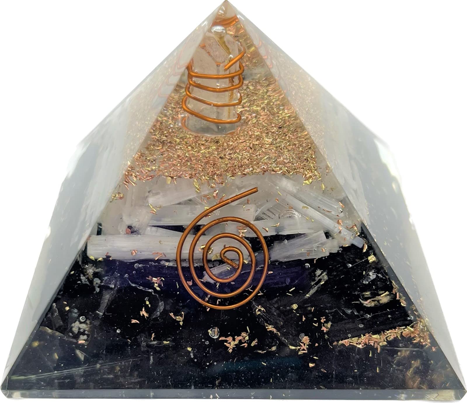 Black Tourmaline Bt + Selenite Combination Resin Pyramid with Copper Black White (BT Selenite Pyramid)