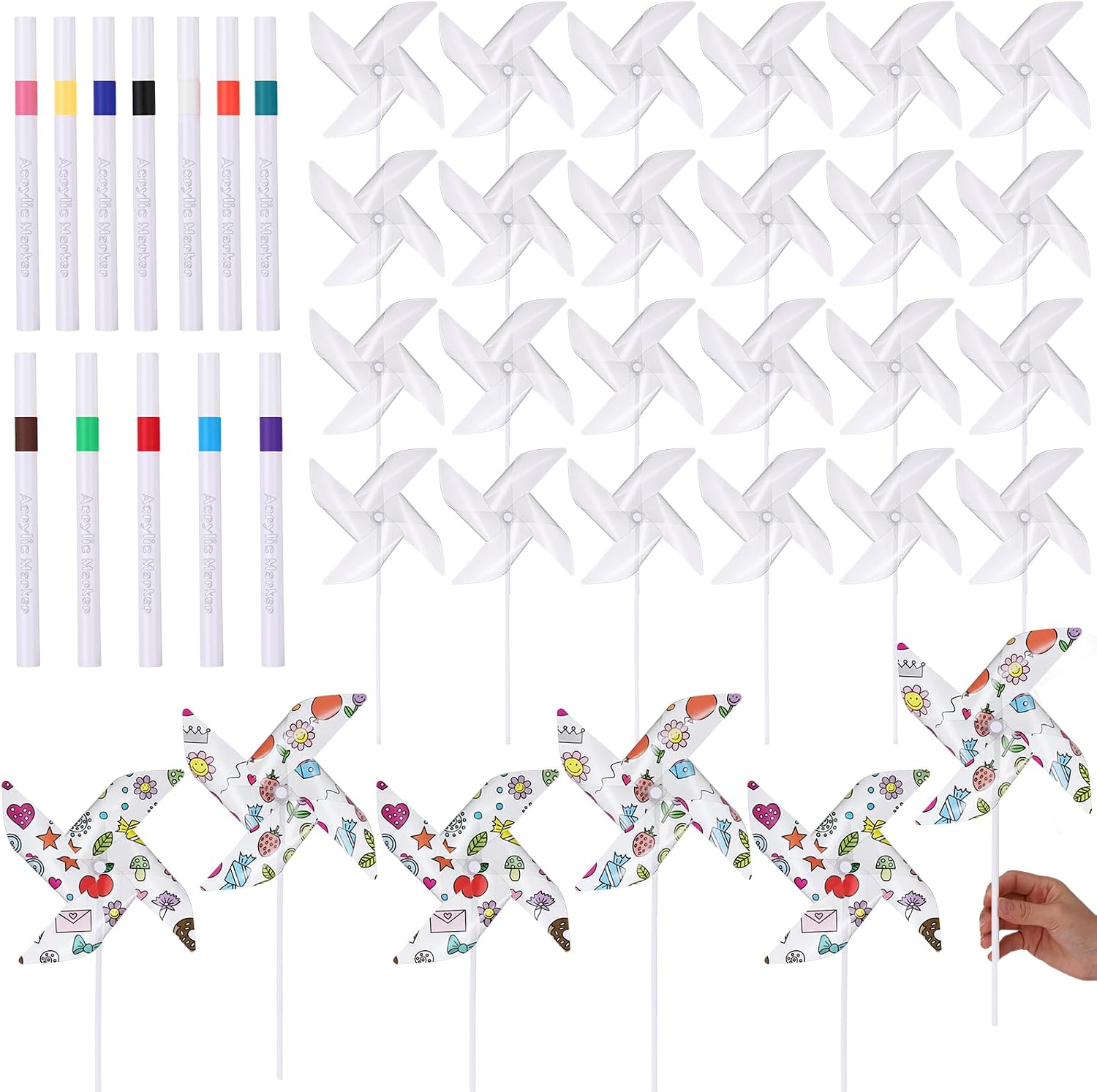 Yinkin 24 Pcs DIY Pinwheels Bulk Clear Color Your Own Blank Plastic Pinwheels 12 Color Acrylic Paint Pens Markers Xmas Graffiti Art Craft Kits for School Group Activities Daycare Windmills Party Favor