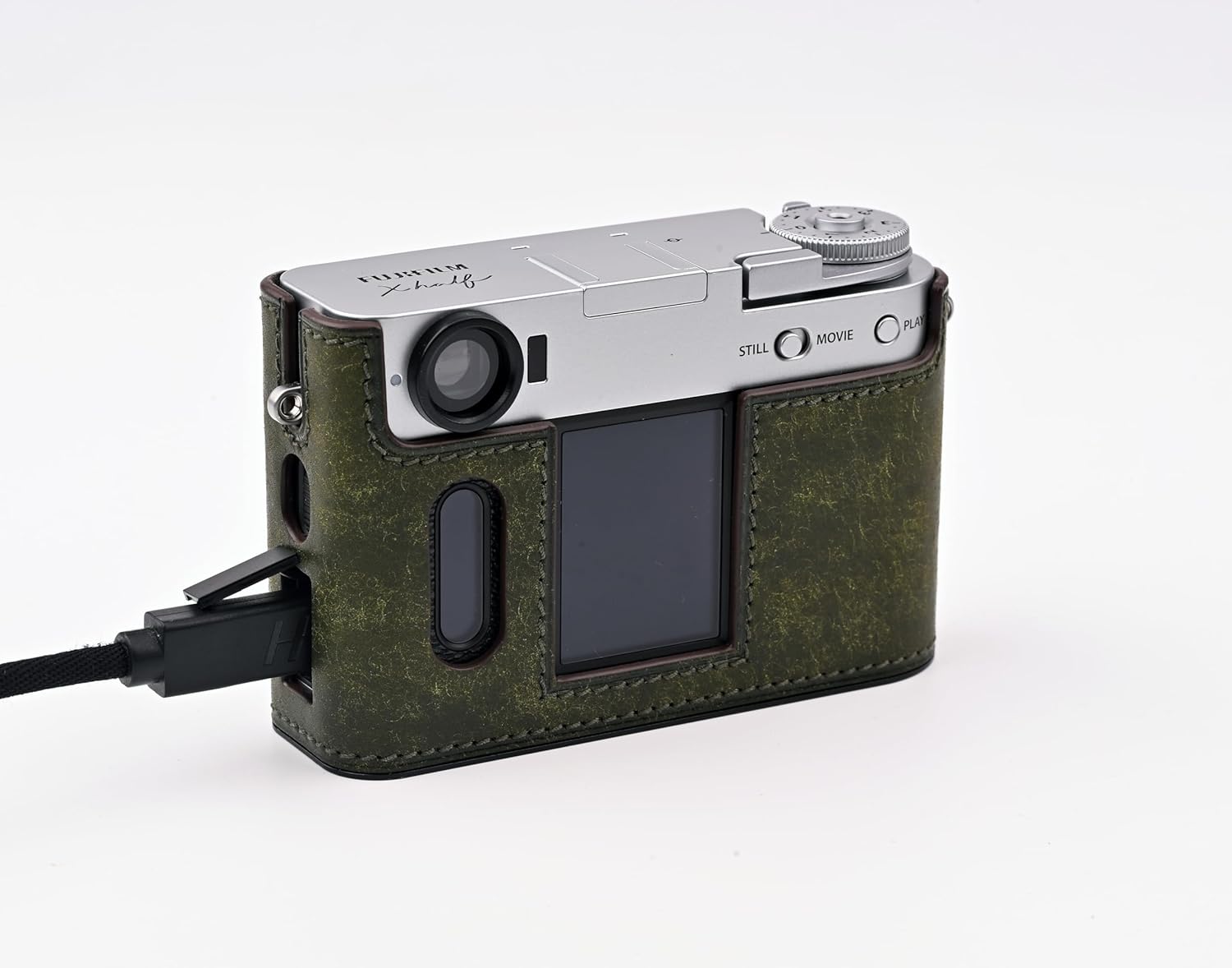 Handmade Genuine Leather Camera Half Case for FUJIFILM X-Half/FUJIFILM X-Half Camera Case - Top Layer Cowhide Body + Metal Base Plate (Matte Green)