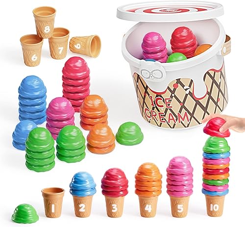 Miniatura 7 de JoyCat Juego de actividades de aprendizaje preescolar para helados, conteo y clasificación de colores, juguetes apilables para niños de 1 a 5 años