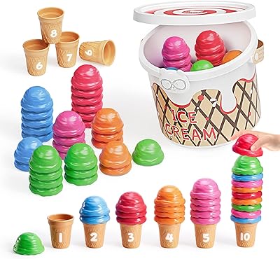 JoyCat Ice Cream Counting and Color Sorting Set for Toddlers and Kids- 65 Pieces, Montessori Stacking Fine Motor Skills Toys, Math Manipulatives Learning Toys with Storage Tub