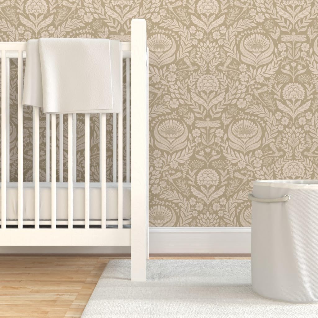 Removable Wallpaper Swatch - tan Damask,Victorian Whimsical,Neutral Damask,Dragonfly,maximalist Custom Pre-Pasted Wallpaper by Spoonflower
