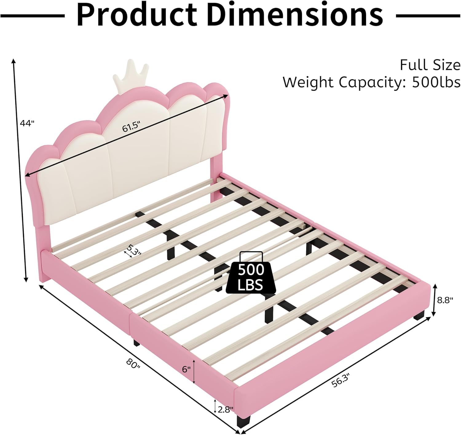 Harper & Bright Designs Full Size Upholstered Princess Bed Frame with Crown Headboard for Boys Girls Kids Toddler,Full Size Platform Bed with Headboard and Footboard,White+Pink (Pink6)