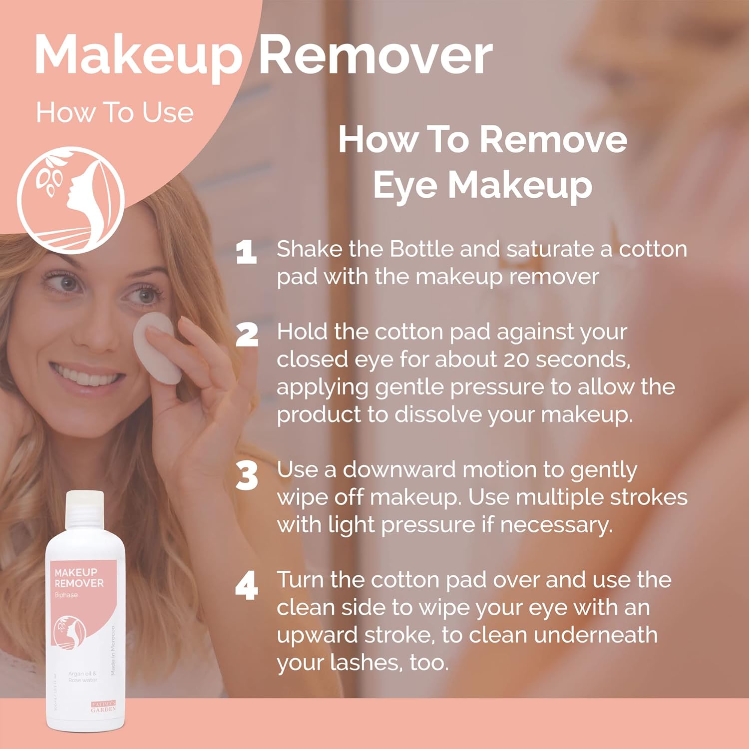 Fatima's Garden Organic Makeup Remover - With Argan & Rose Water, 100ml(Biphase Argan oil + Rose Water,3.4 Fl Oz (Pack of 1))