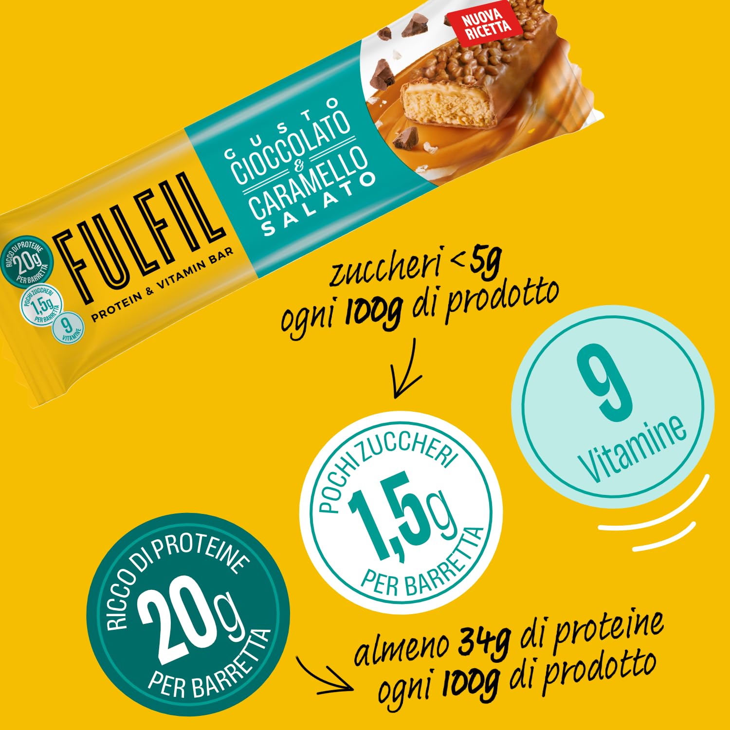FULFIL - 15 Barrette Proteiche da 55 Grammi, Gusto Cioccolato e Caramello Salato con 9 Vitamine e Pochi Zuccheri, Confezione da 825 Grammi