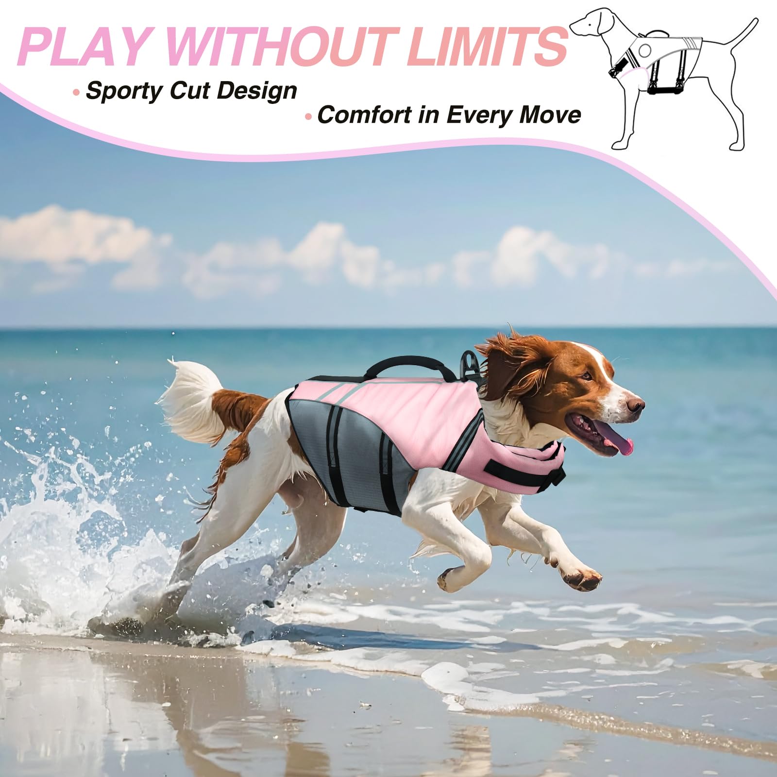 VIVAGLORY Chaleco Salvavidas de Estilo Deportivo para Perros con Flotación Adicional, Chaleco de Natación Ajustable y Duradero para Perros Grande, Rosa Sakura | Chaleco salvavidas con anillo de correa y asa para nadar y navegar, reflectante ajustable para